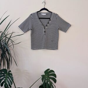 Frame Denim Black and White Striped Short Sleeve Tee